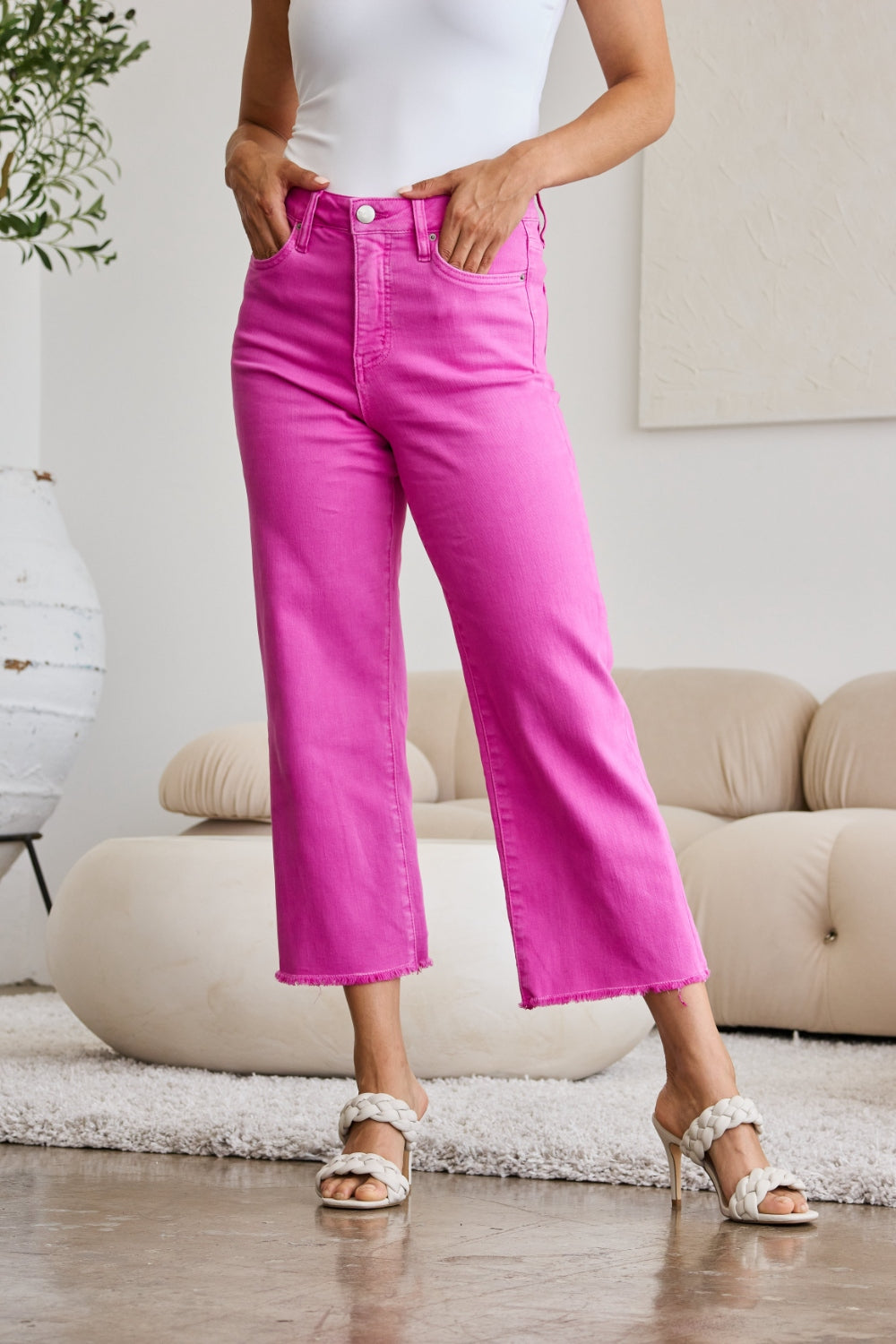 Pink Cropped Tummy Control High Waist Raw Hem Jeans