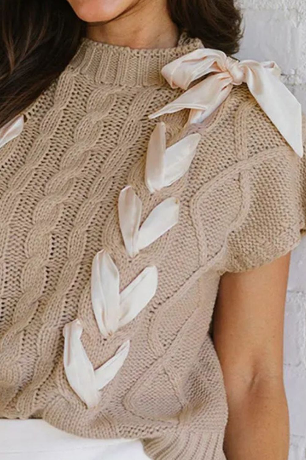 Cable-Knit Tied Short Sleeve Sweater