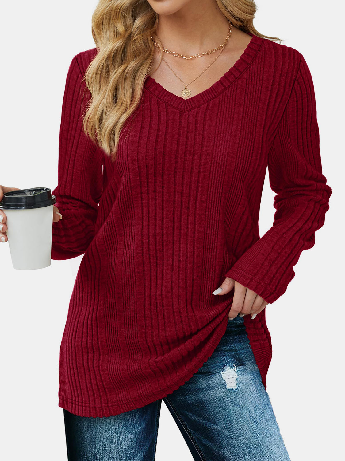 Vneck Long Sleeve Solid Shirt