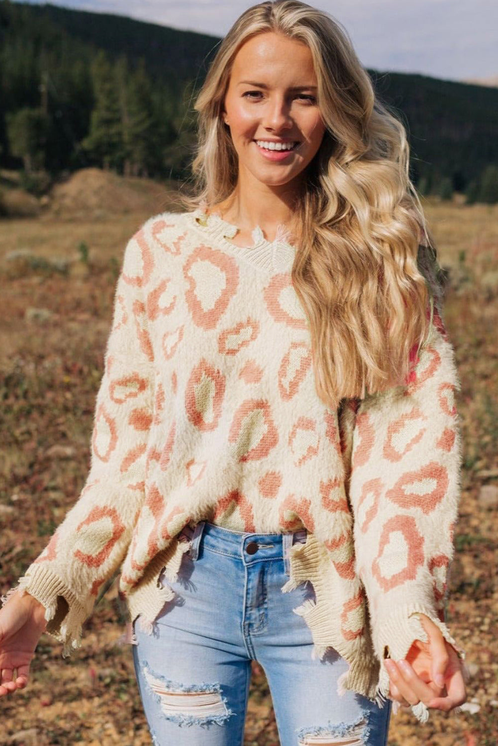 Distressed Trim Leopard Vneck Sweater