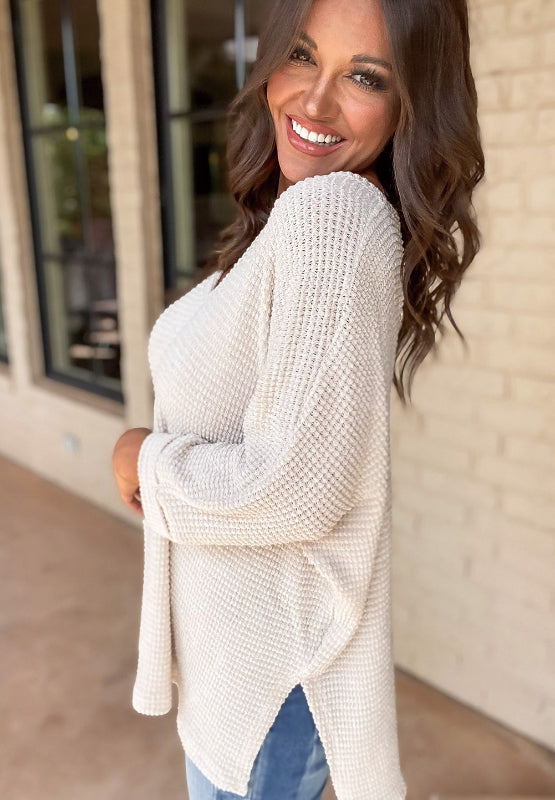 Waffleknit Side Slit Vneck Long Sleeve Top