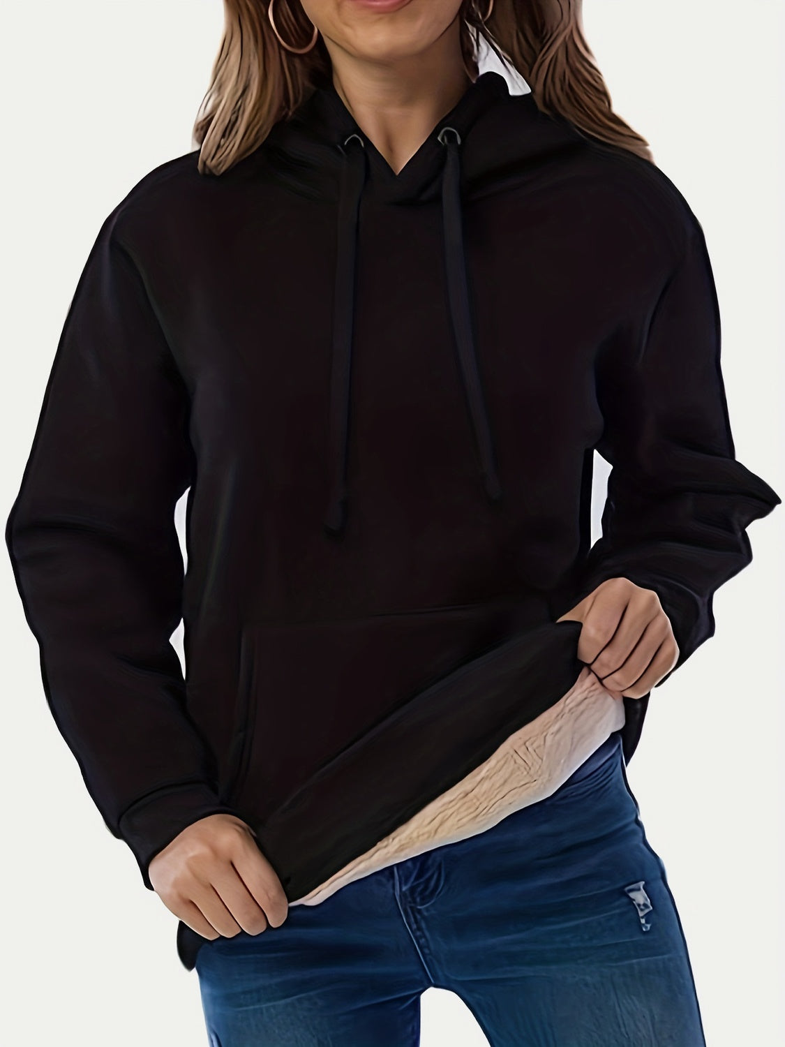 Drawstring Long Sleeve Hoodie with Fleece Lining