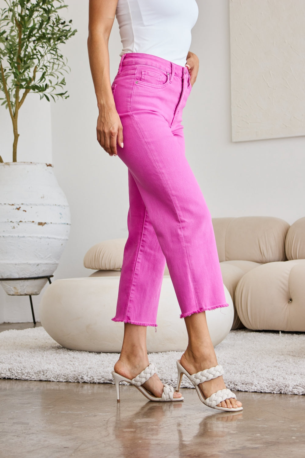 Pink Cropped Tummy Control High Waist Raw Hem Jeans
