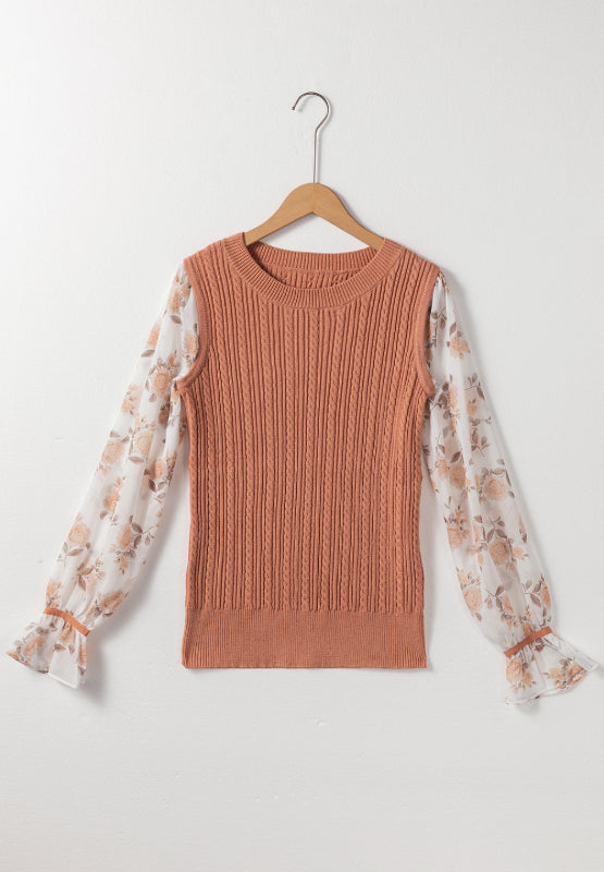 Cable Knit Floral Flounce Sleeve Sweater