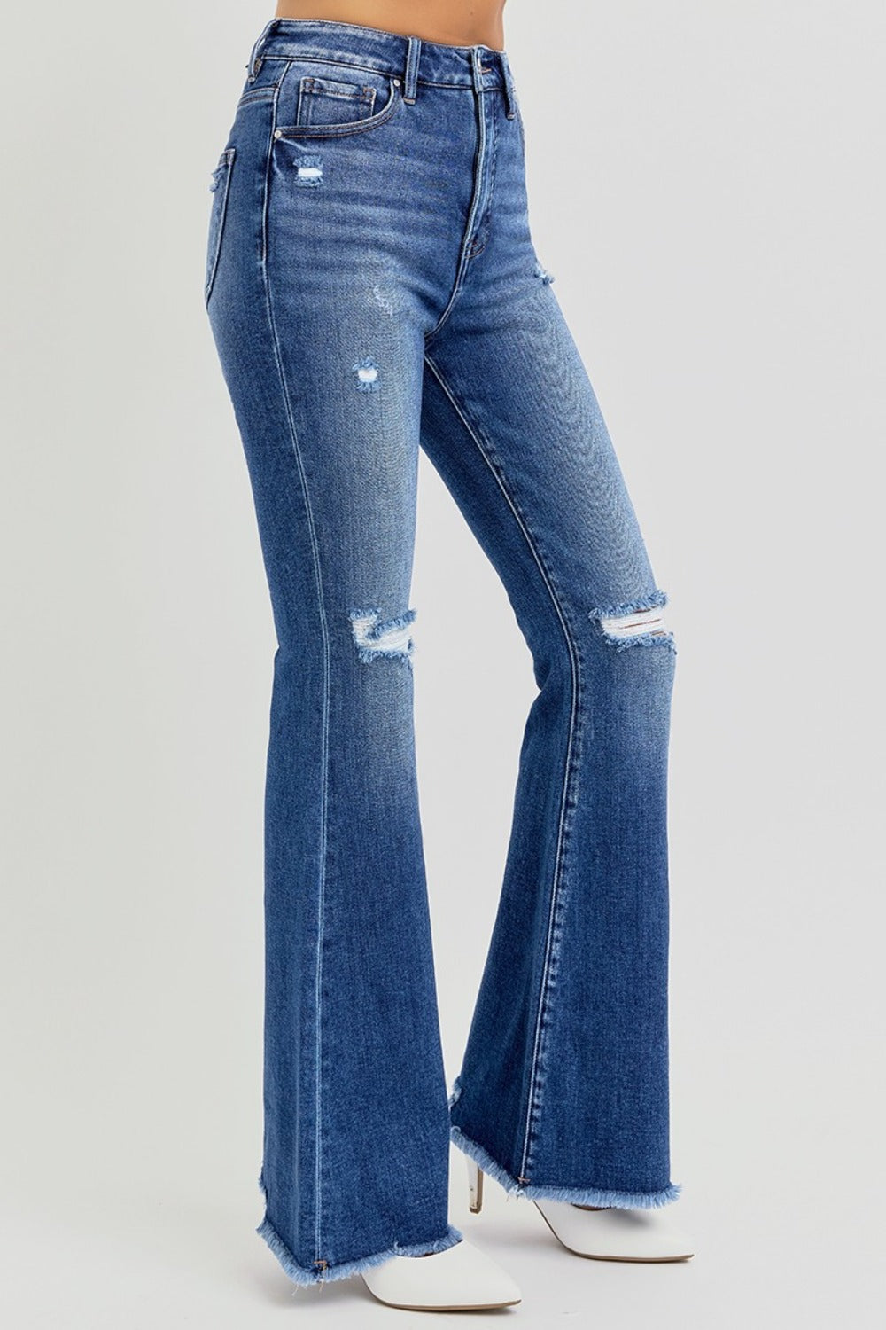 RISEN Distressed Raw Hem Flare Jeans