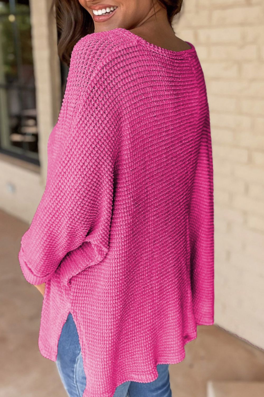 Waffleknit Side Slit Vneck Long Sleeve Top