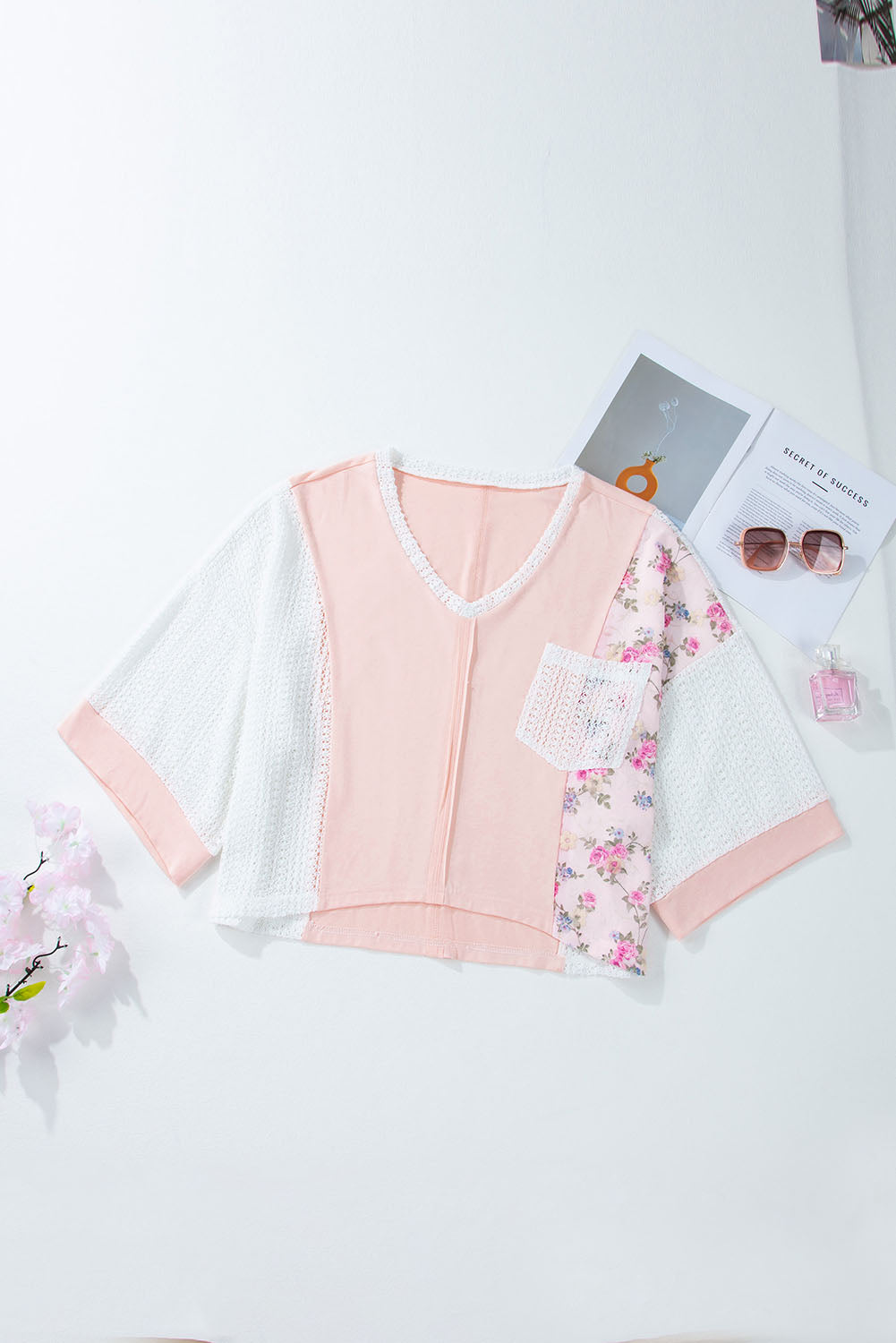 Floral V-Neck Three-Quarter Sleeve Blouse