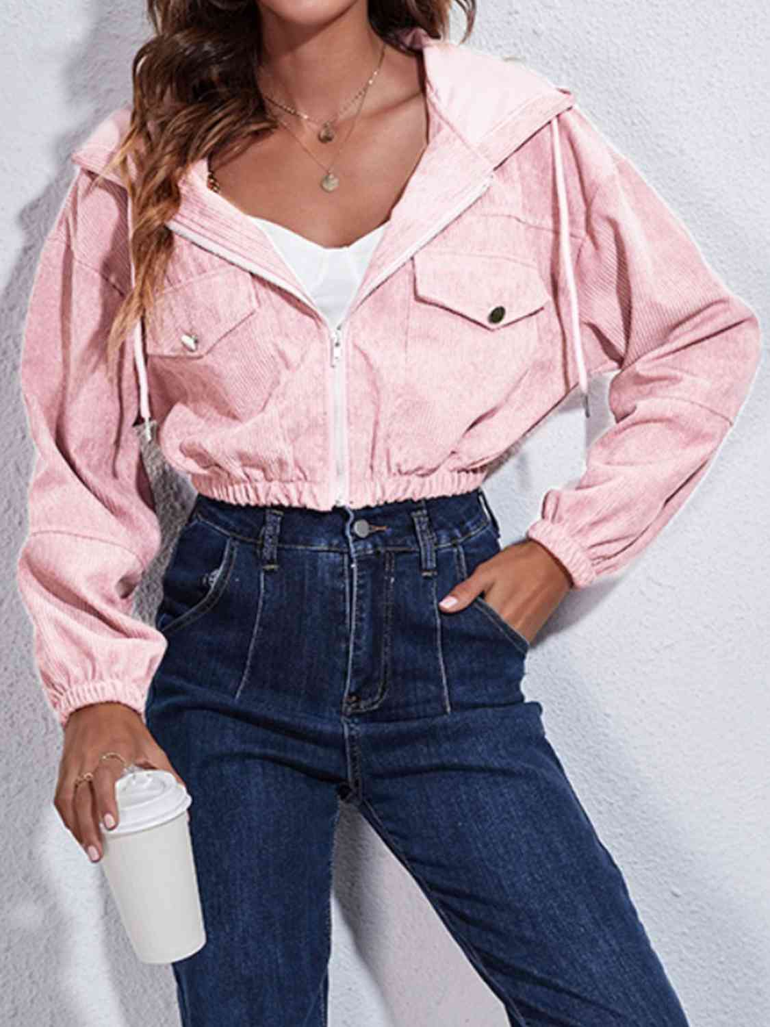 *APP EXCLUSIVE* Drawstring Hooded Zip Up Jacket with Pockets