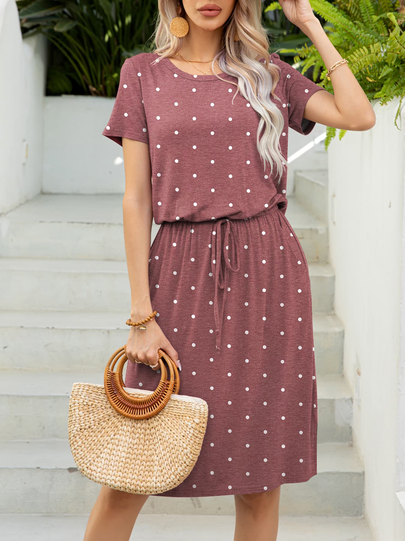 *APP EXCLUSIVE* Round Neck Short Sleeve Slit Dress with Pockets