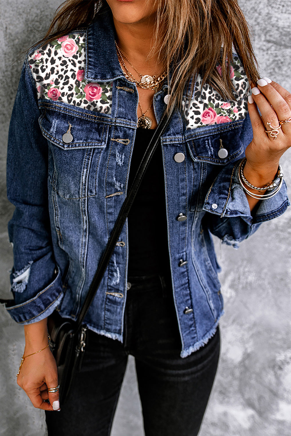 *App Exclusive* Floral Leopard Distressed Denim Jacket