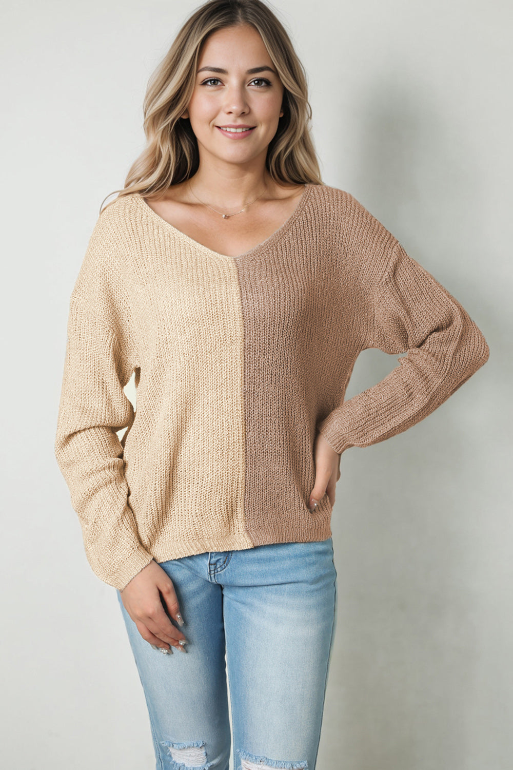 Pink Colorblock Vneck Long Sleeve Pullover Sweater