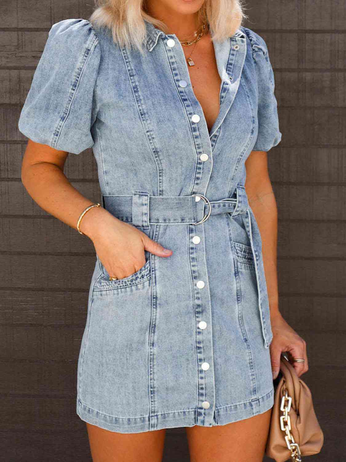 *APP EXCLUSIVE* Puff Sleeve Button Up Mini Denim Dress