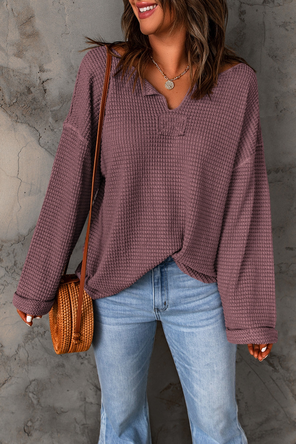 *APP EXCLUSIVE* Waffleknit Vneck Drop Shoulder Blouse