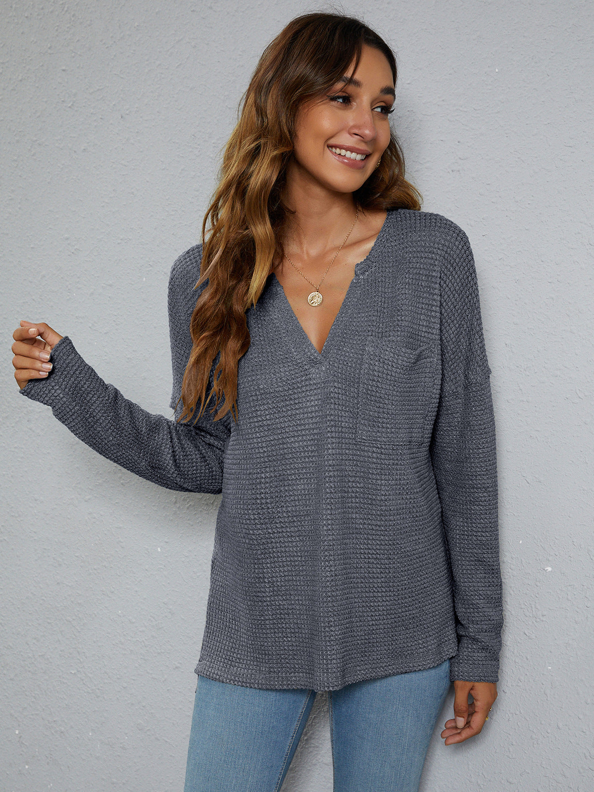 *APP EXCLUSIVE* Dropped Shoulder High-Low Waffle-Knit Top