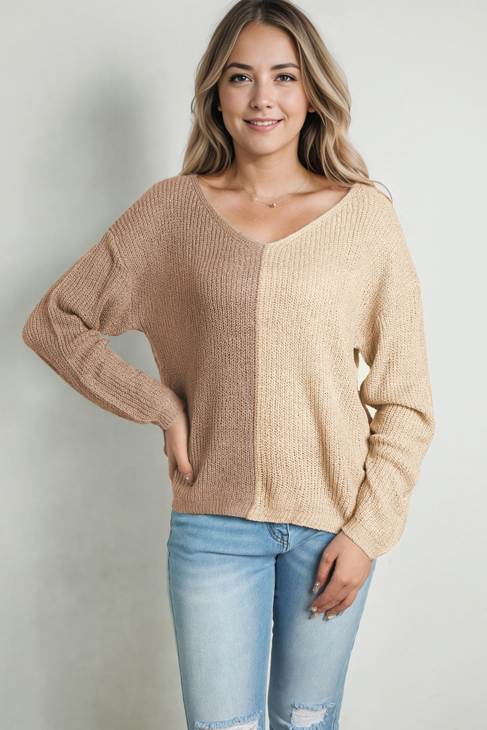 Pink Colorblock Vneck Long Sleeve Pullover Sweater
