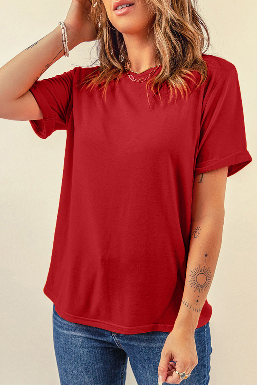 *APP EXCLUSIVE* Round Neck Cuffed Short Sleeve Tee