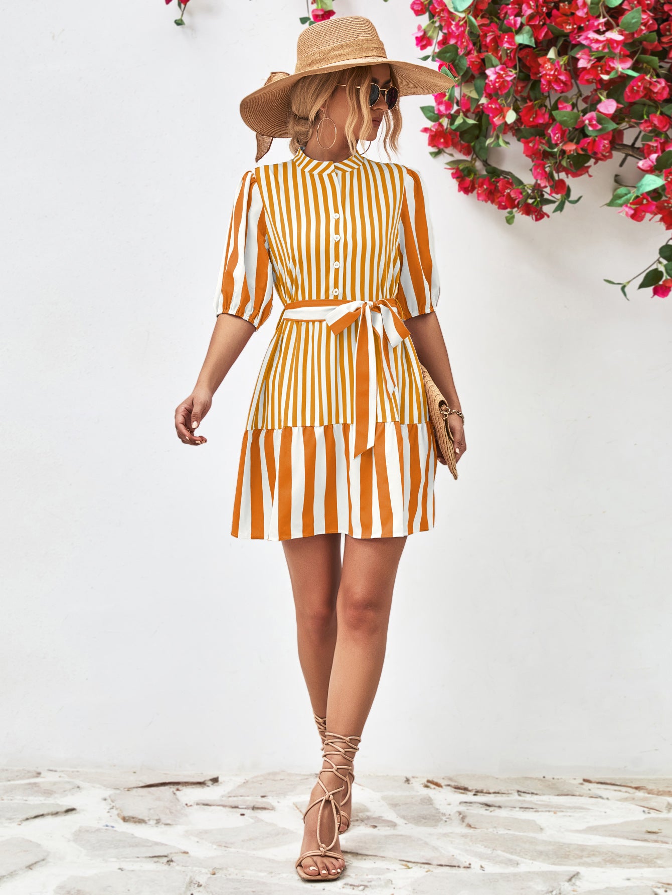 *APP EXCLUSIVE* Striped Half Sleeve Tie Waist Mini Dress