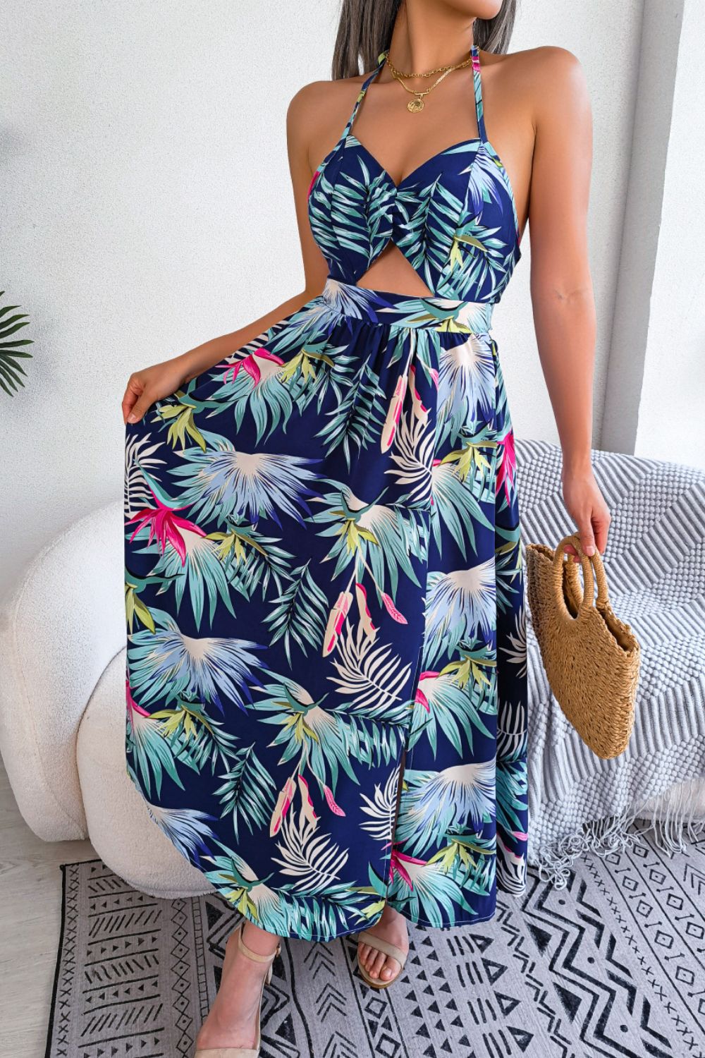 *APP EXCLUSIVE* Botanical Print Tied Backless Cutout Slit Dress