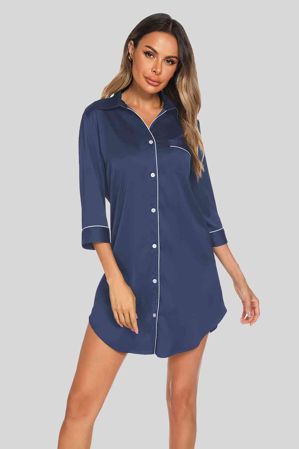 *APP EXCLUSIVE* Button Up Collared Neck Night Dress with Pocket