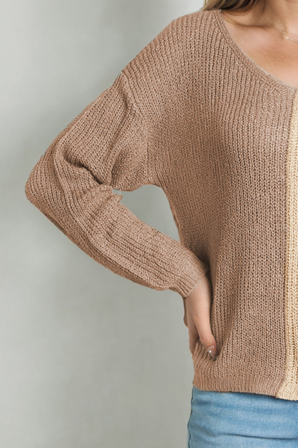 Pink Colorblock Vneck Long Sleeve Pullover Sweater
