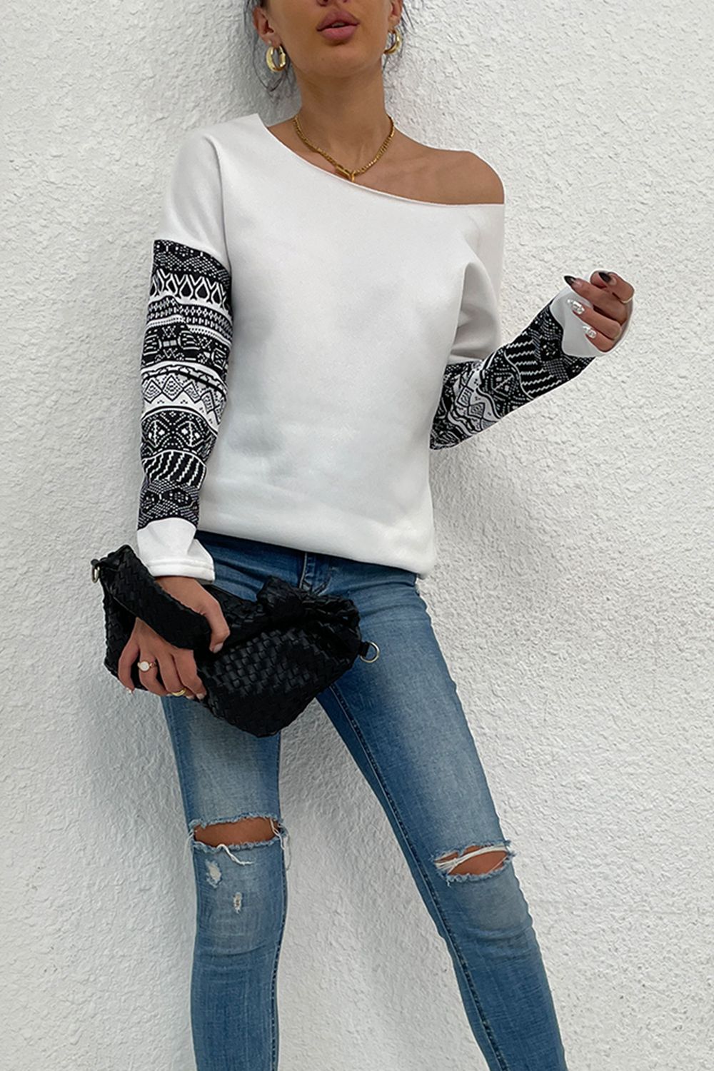 * APP EXCLUSIVE* Boat Neck Long Printed Sleeve Blouse