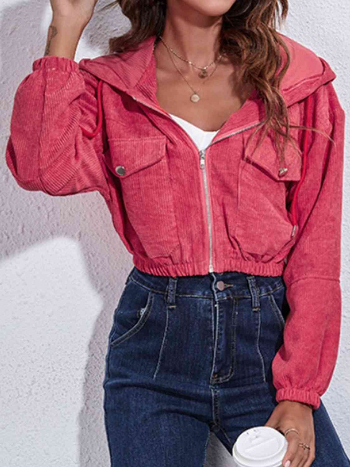 *APP EXCLUSIVE* Drawstring Hooded Zip Up Jacket with Pockets
