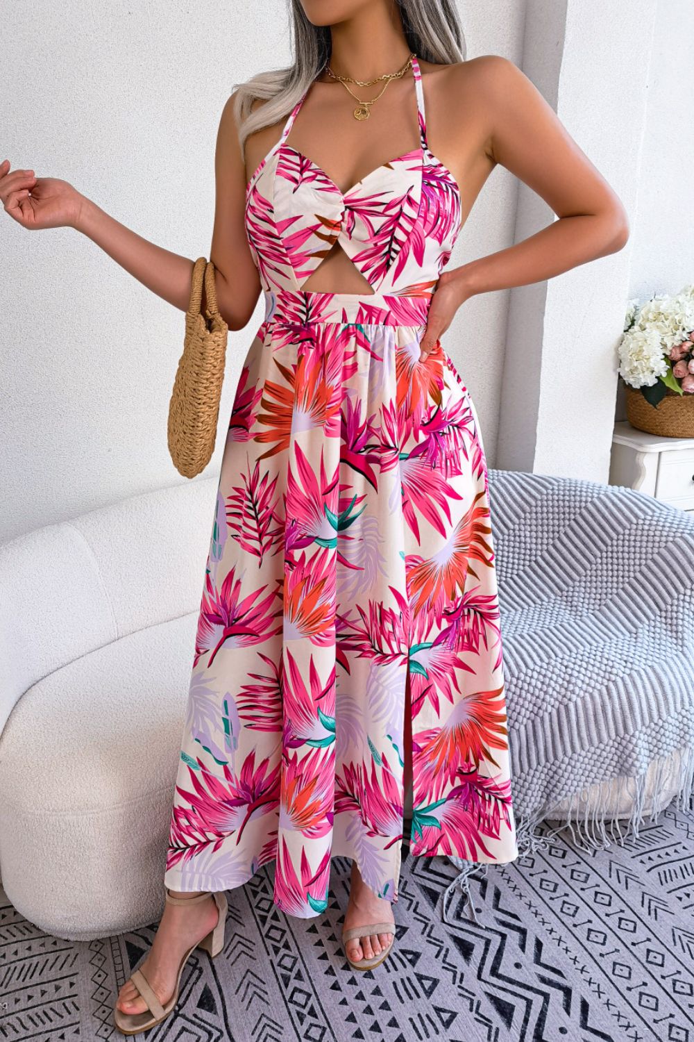 *APP EXCLUSIVE* Botanical Print Tied Backless Cutout Slit Dress