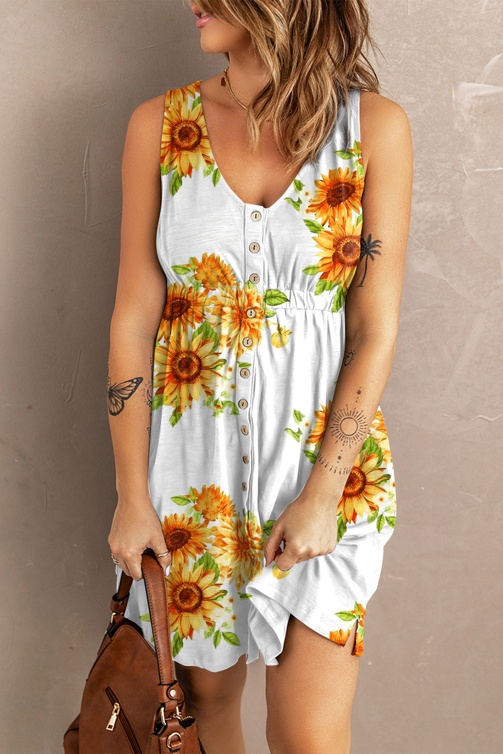 *App Exclusive* Sunflower Print Button Down Sleeveless Dress