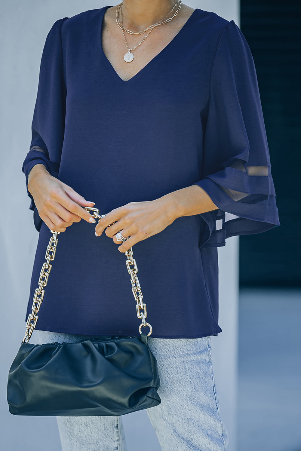 *APP EXCLUSIVE* Sheer Striped Flare Sleeve Vneck Blouse