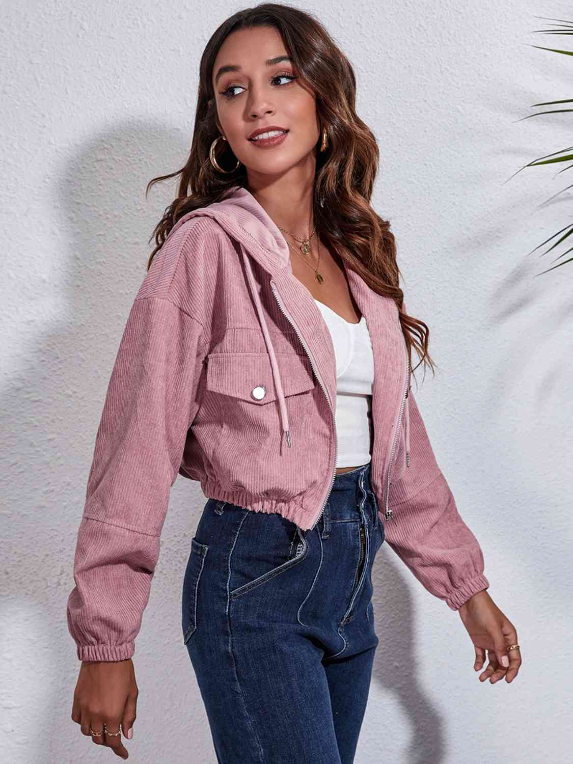 *APP EXCLUSIVE* Drawstring Hooded Zip Up Jacket with Pockets