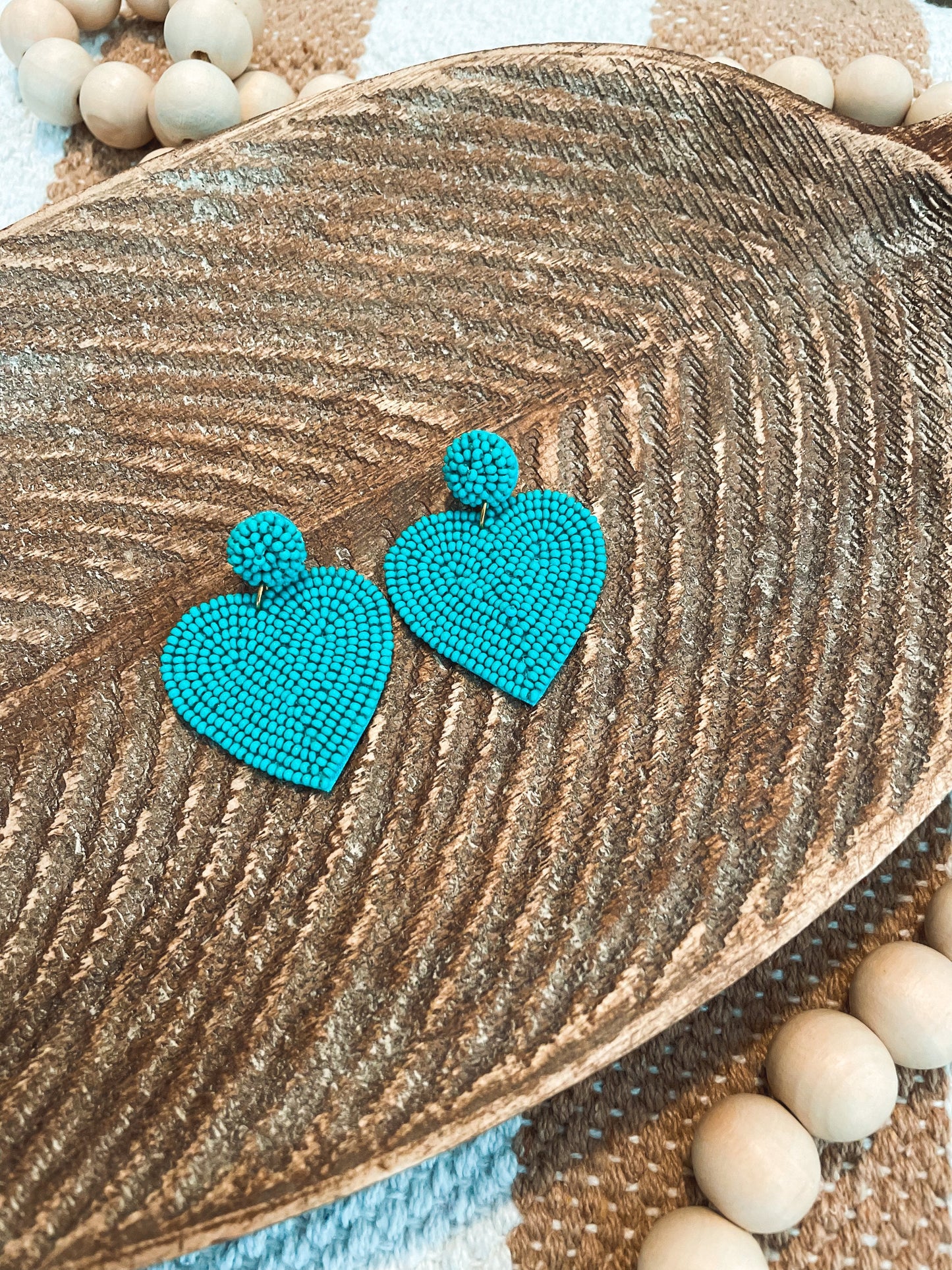 Teal Seedbead Heart Earrings