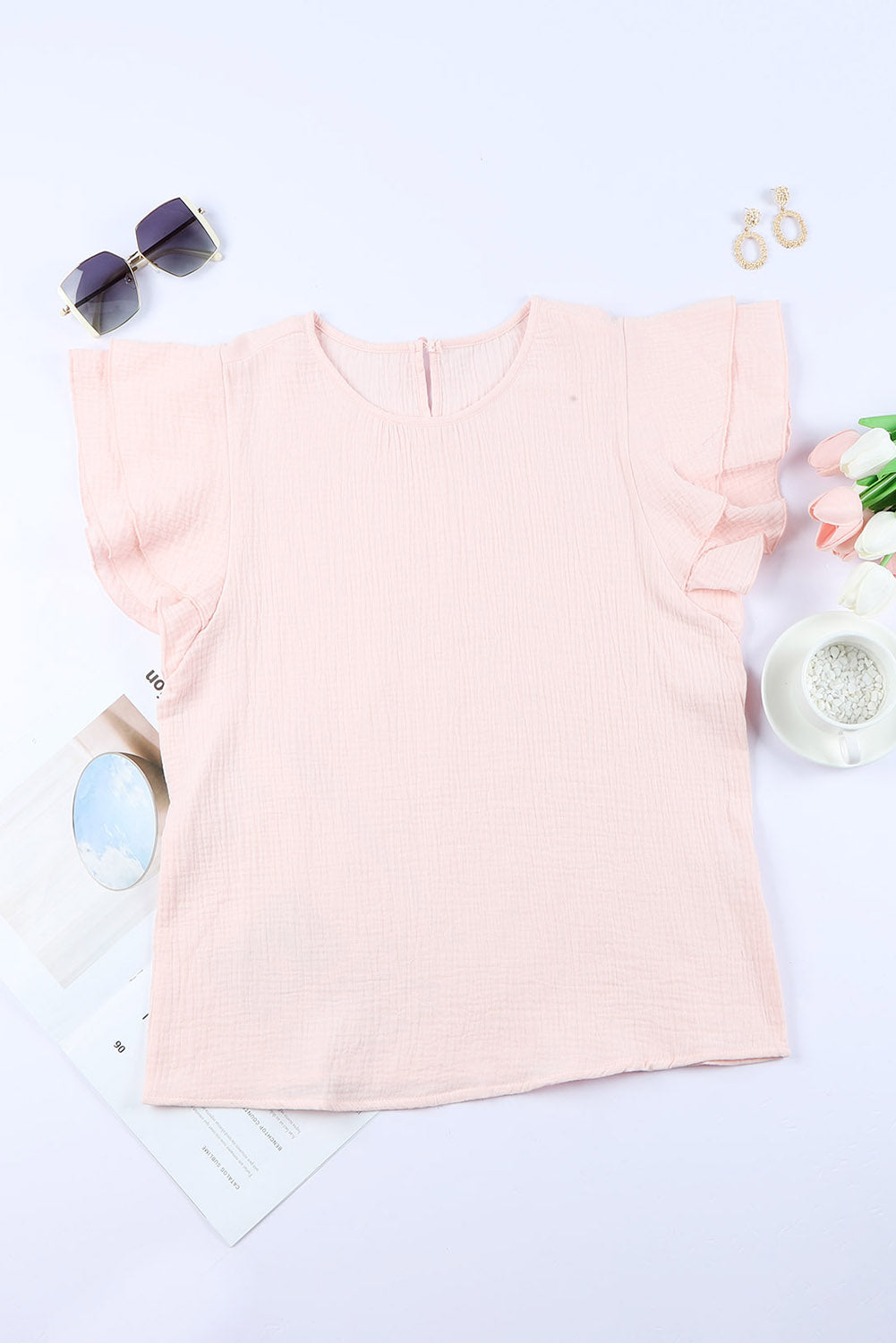 *APP EXCLUSIVE* Textured Flutter Sleeve Keyhole Blouse