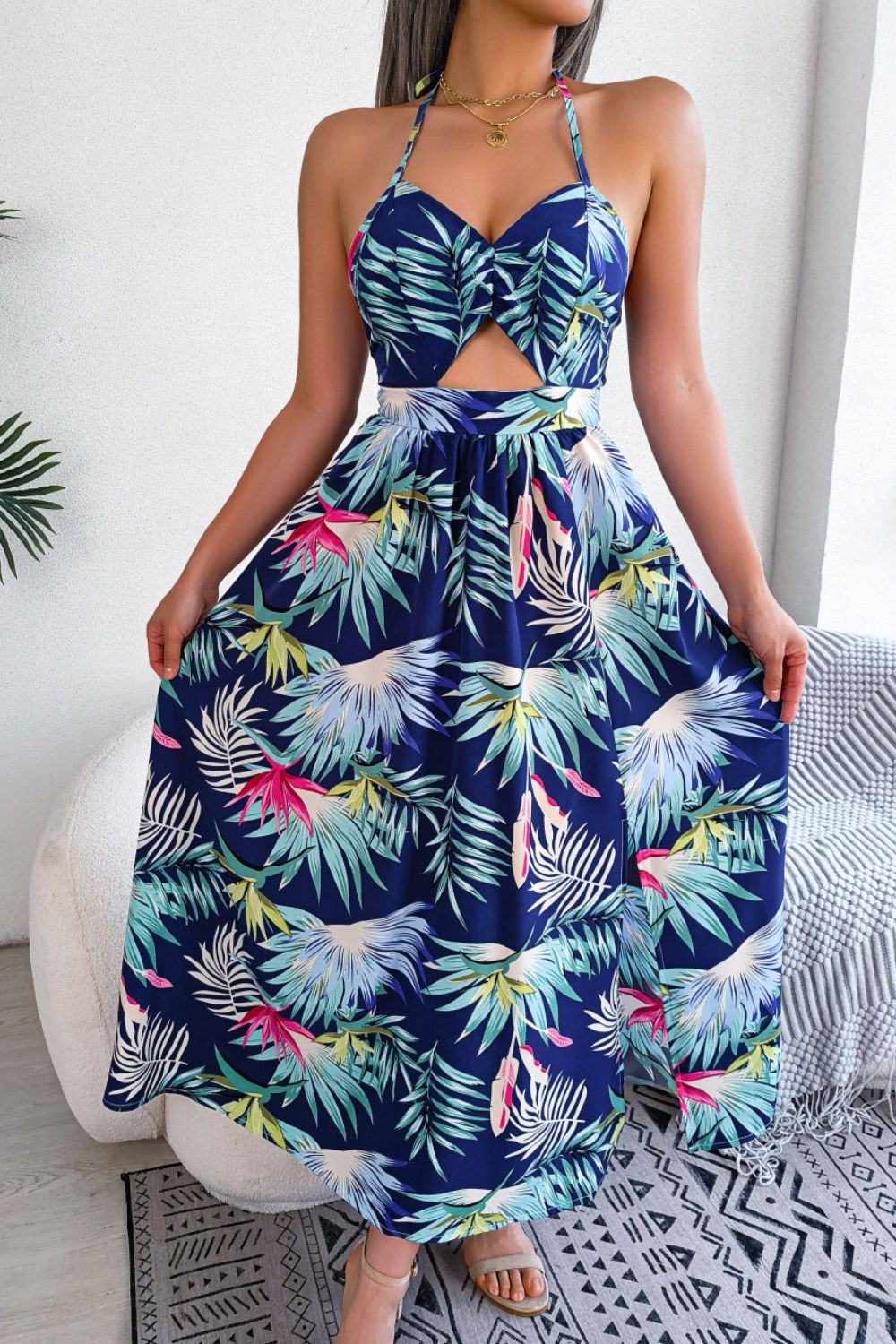 *APP EXCLUSIVE* Botanical Print Tied Backless Cutout Slit Dress