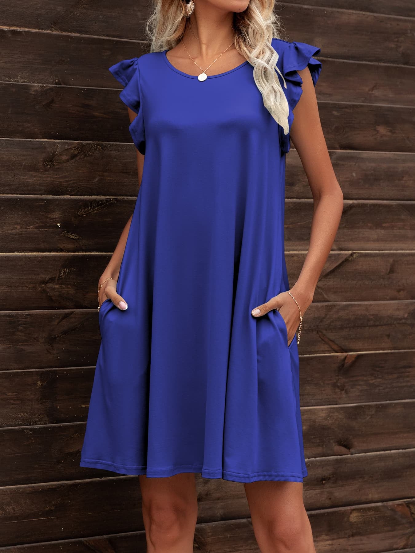 *APP EXCLUSIVE* Round Neck Flutter Sleeve Dress with Pockets
