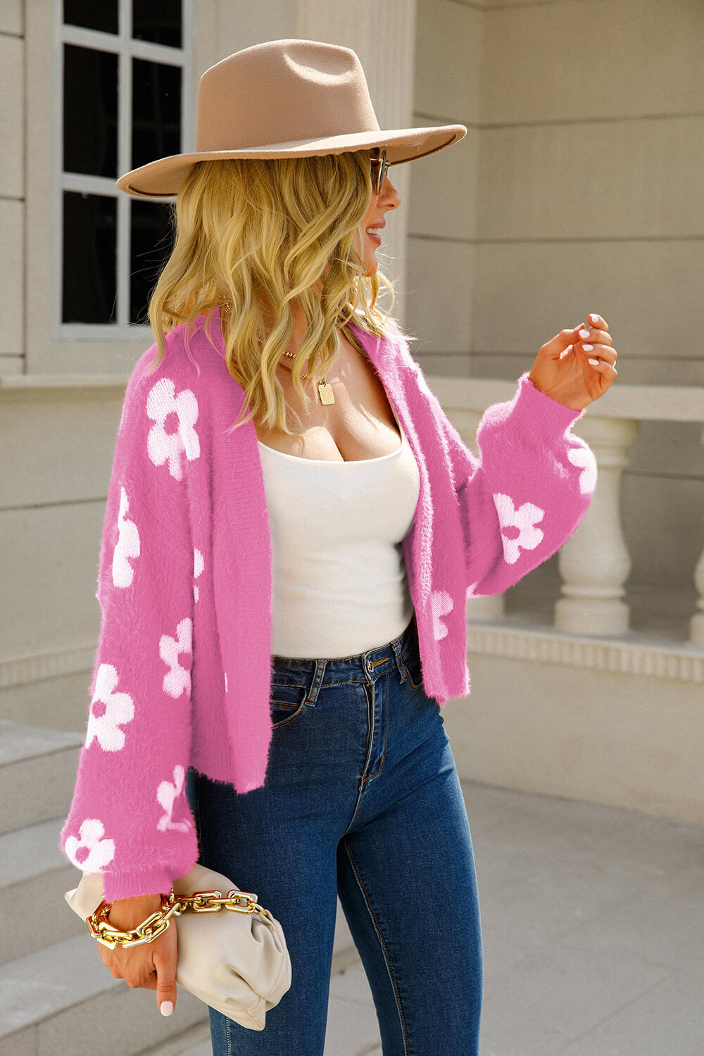 *App Exclusive* Floral Open Front Fuzzy Cardigan