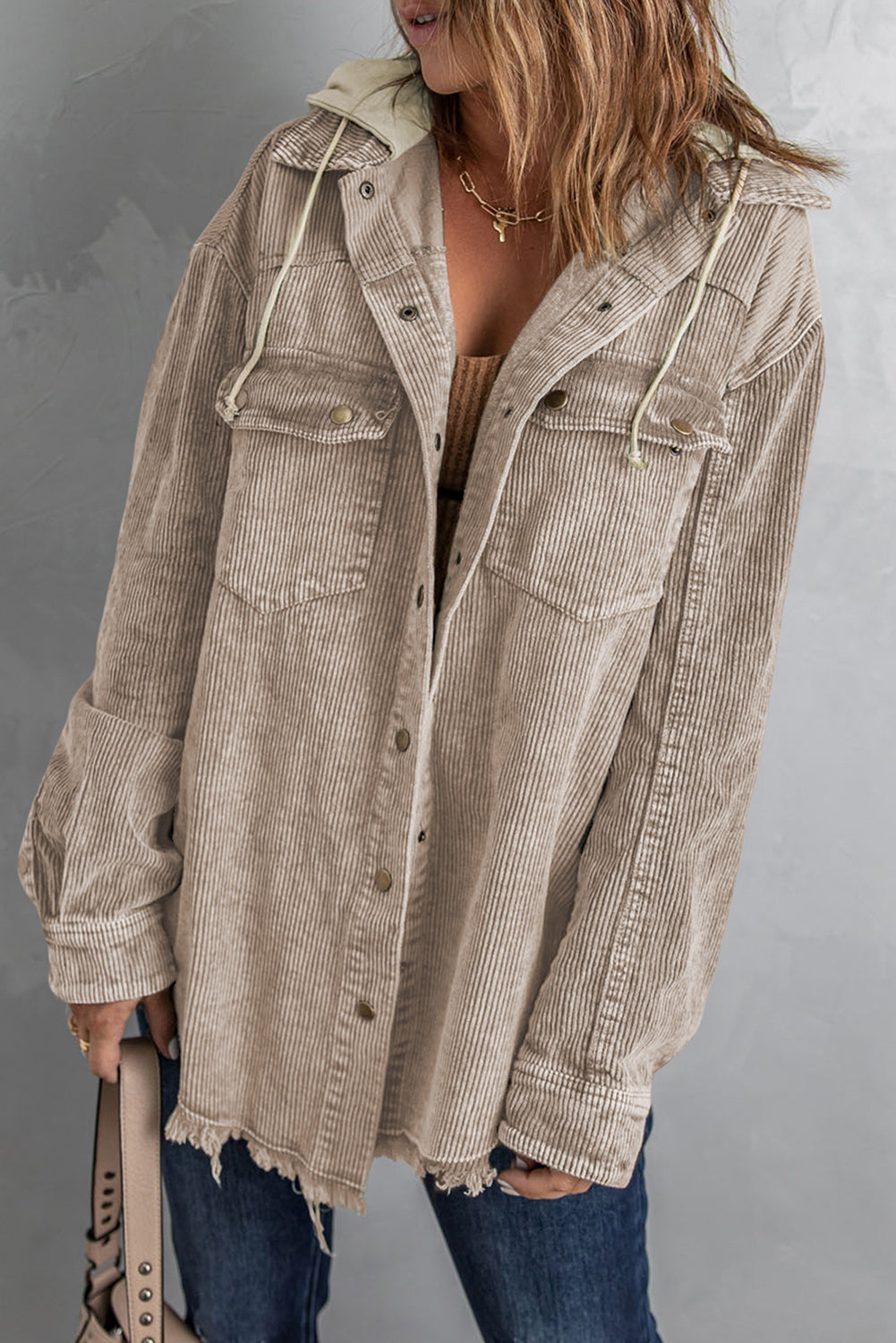 *App Exclusive* Snap Front Hooded Corduroy Shacket