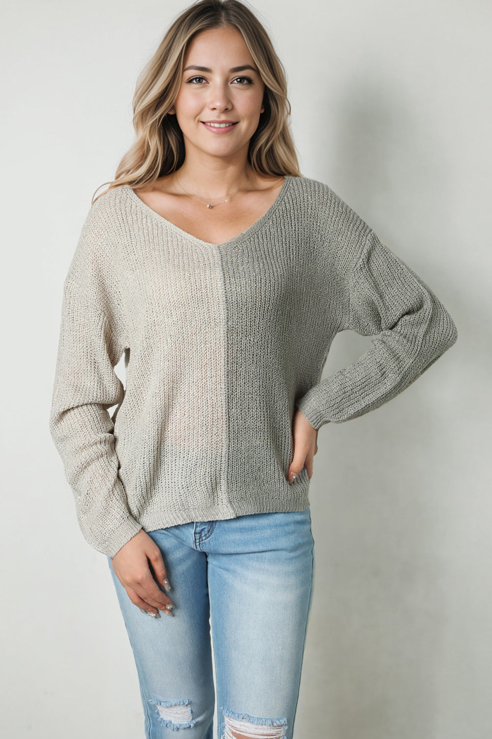 Pink Colorblock Vneck Long Sleeve Pullover Sweater