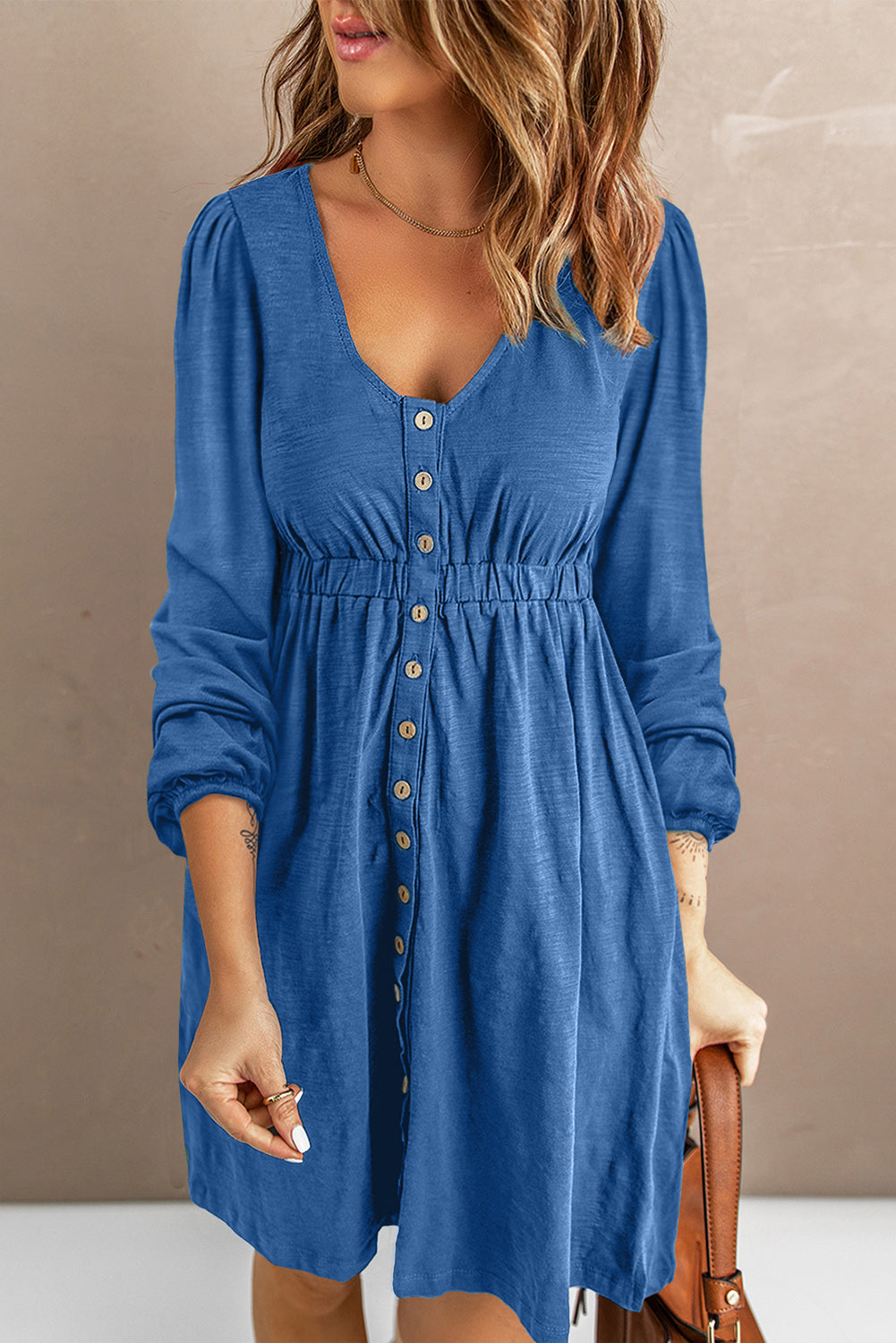 *App Exclusive* Scoop Neck Empire Waist Long Sleeve Mini Dress