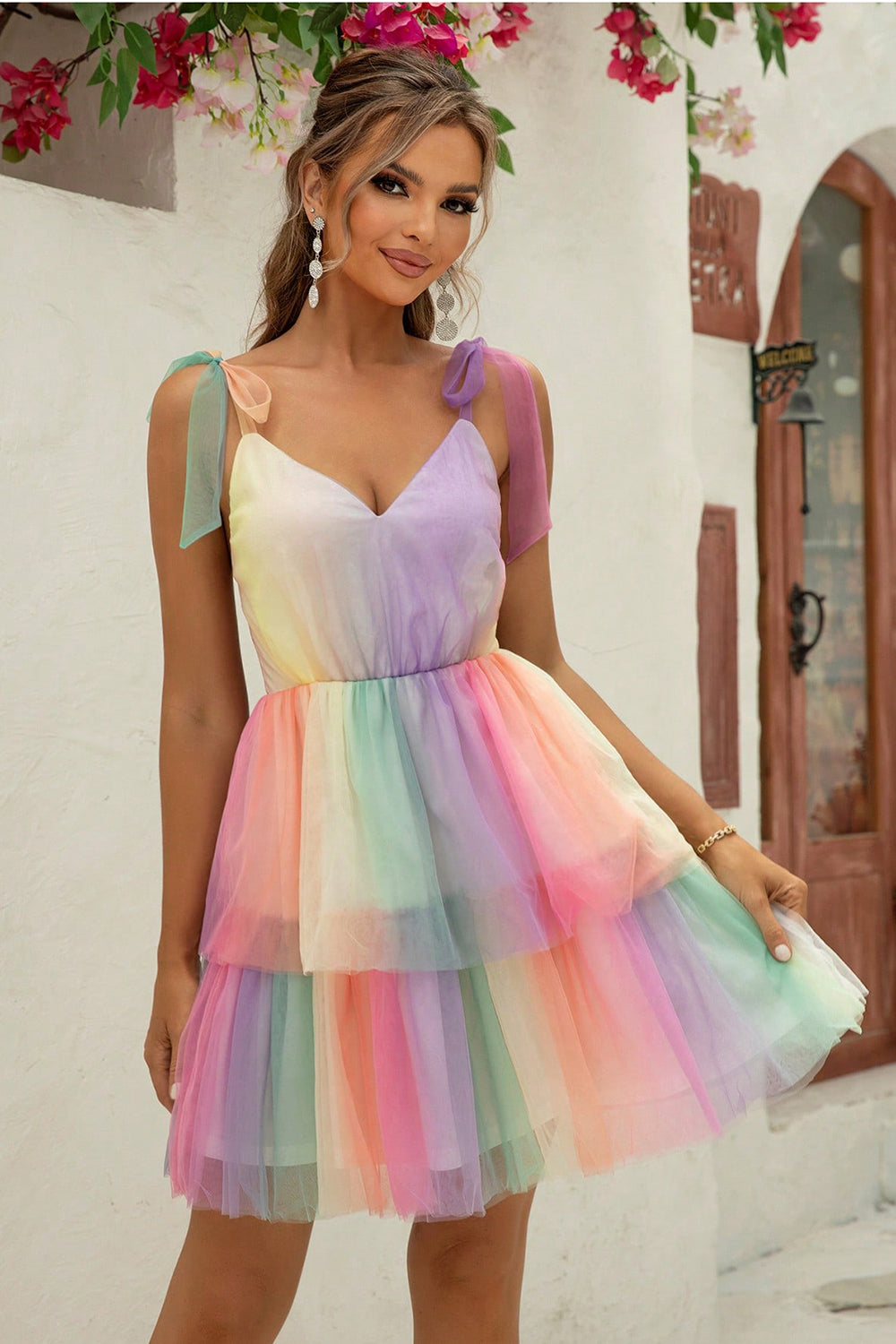 *APP EXCLUSIVE* Rainbow Tie-Shoulder Layered Dress
