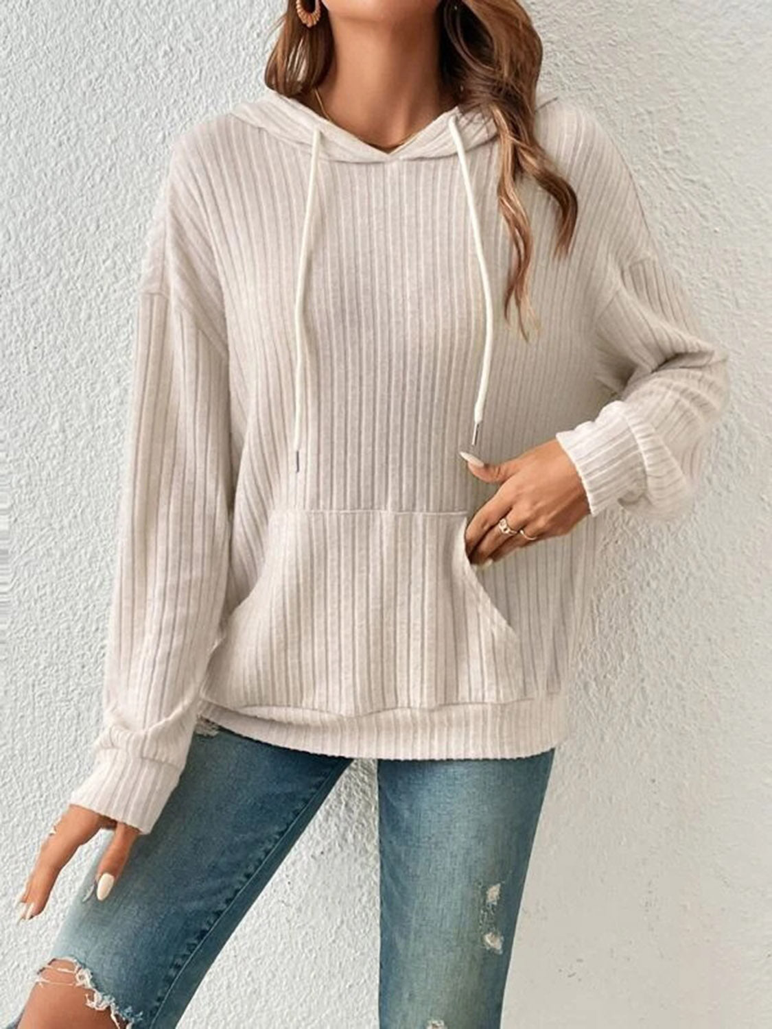 *APP EXCLUSIVE* Ribbed Dropped Shoulder Drawstring Hoodie