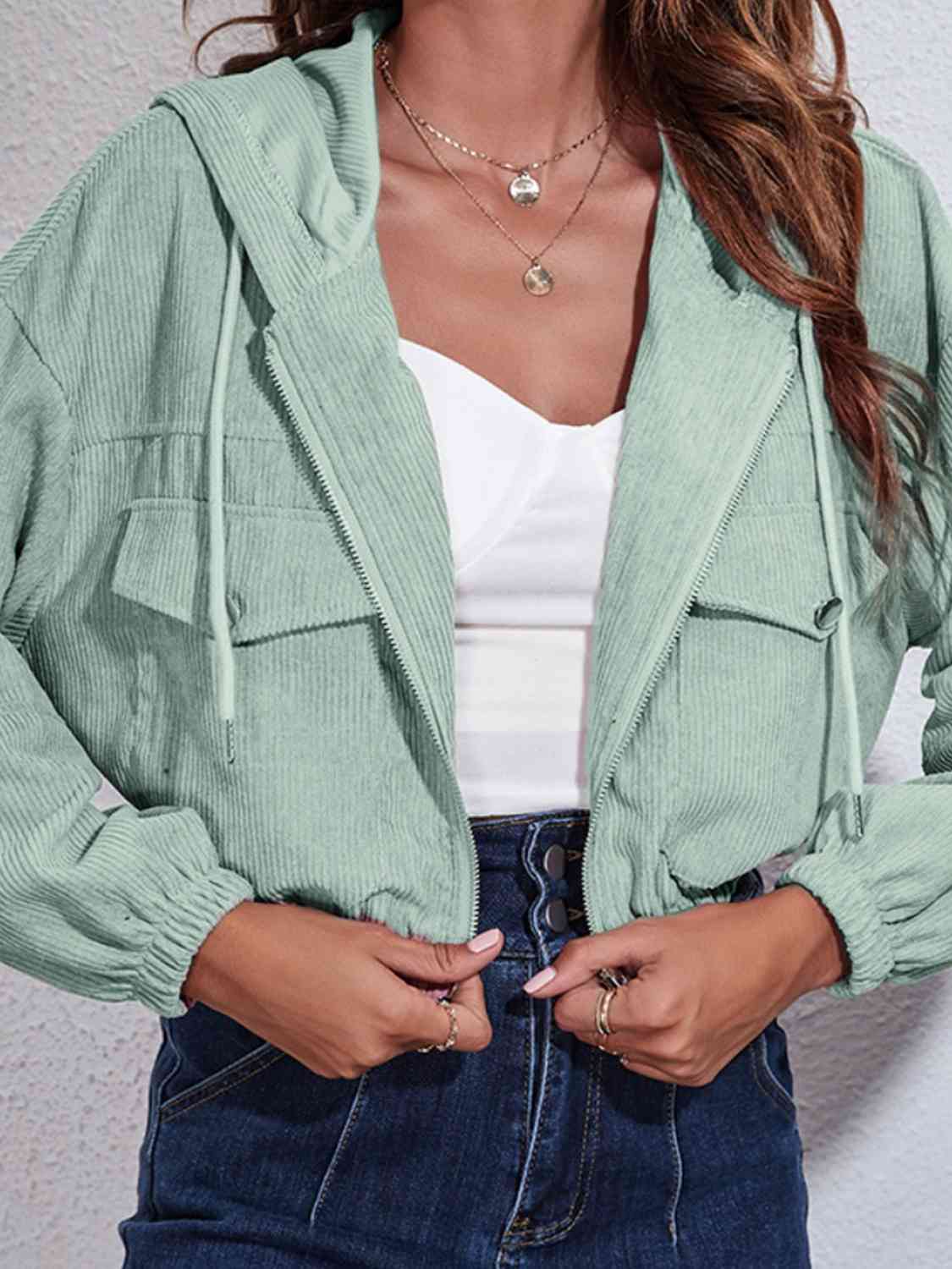 *APP EXCLUSIVE* Drawstring Hooded Zip Up Jacket with Pockets