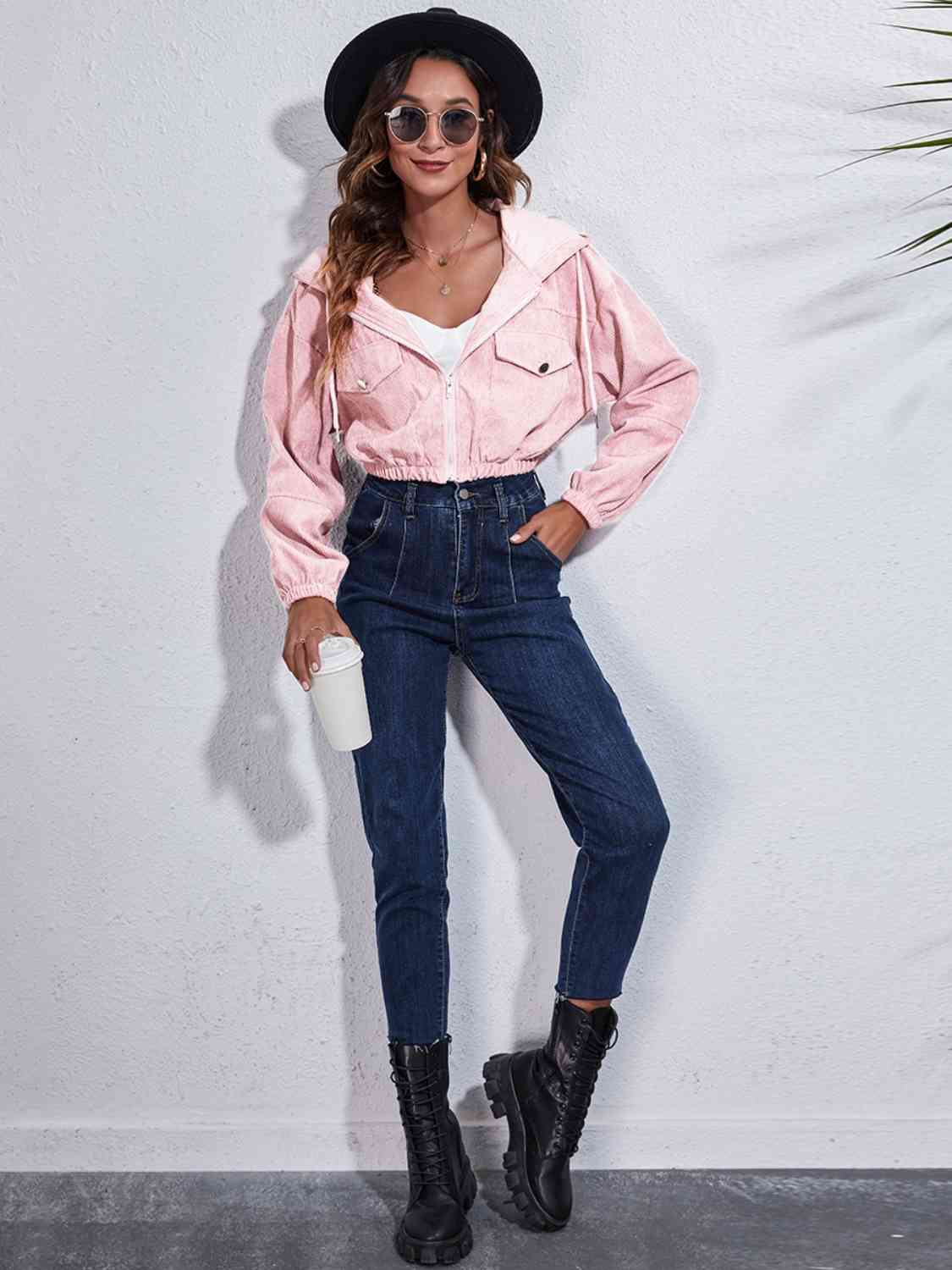 *APP EXCLUSIVE* Drawstring Hooded Zip Up Jacket with Pockets