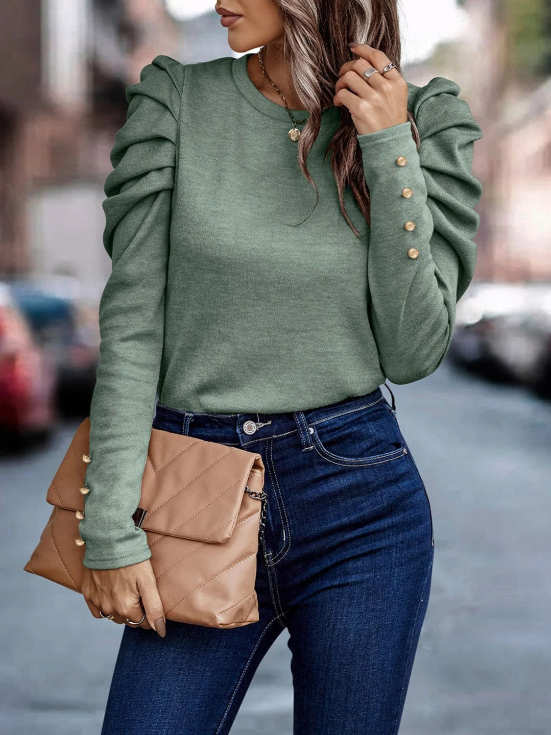 *APP EXCLUSIVE* Decorative Button Puff Sleeve T-Shirt