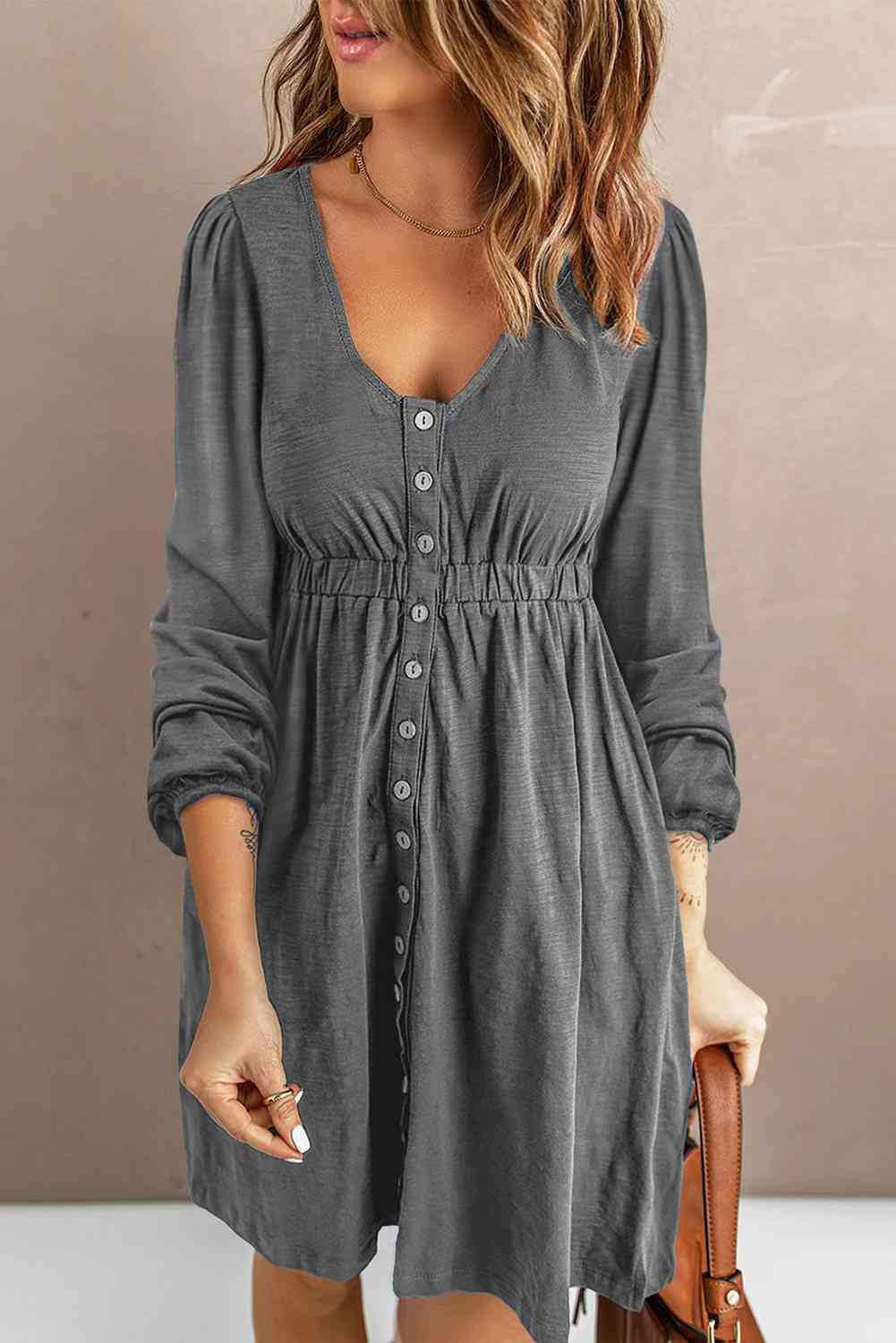 *App Exclusive* Scoop Neck Empire Waist Long Sleeve Mini Dress