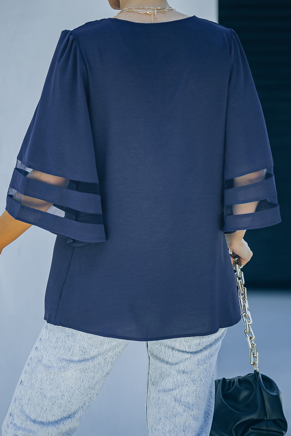 *APP EXCLUSIVE* Sheer Striped Flare Sleeve Vneck Blouse
