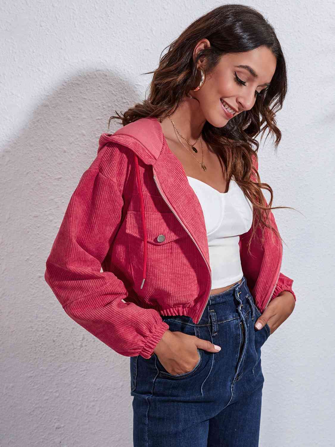 *APP EXCLUSIVE* Drawstring Hooded Zip Up Jacket with Pockets