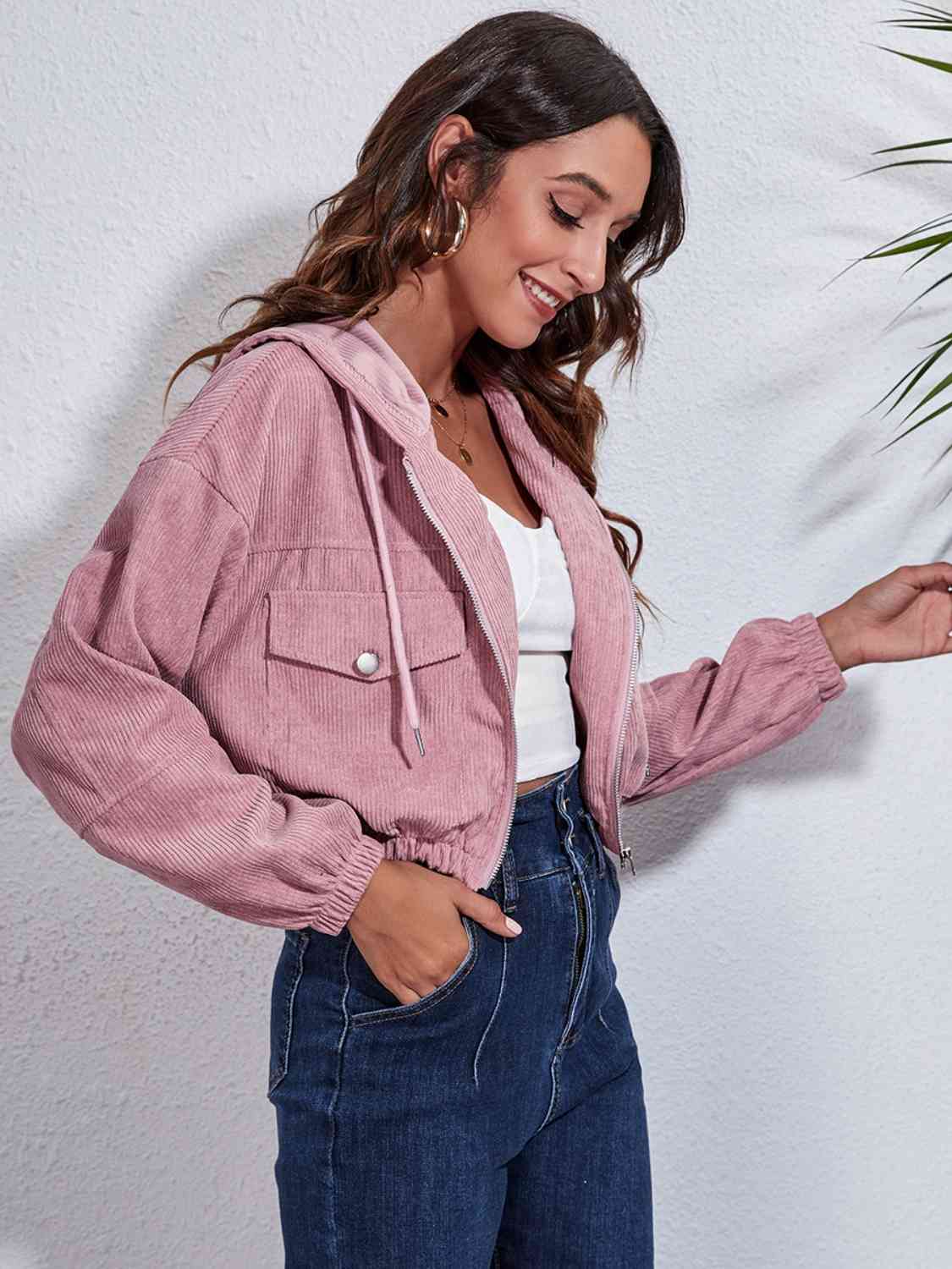 *APP EXCLUSIVE* Drawstring Hooded Zip Up Jacket with Pockets