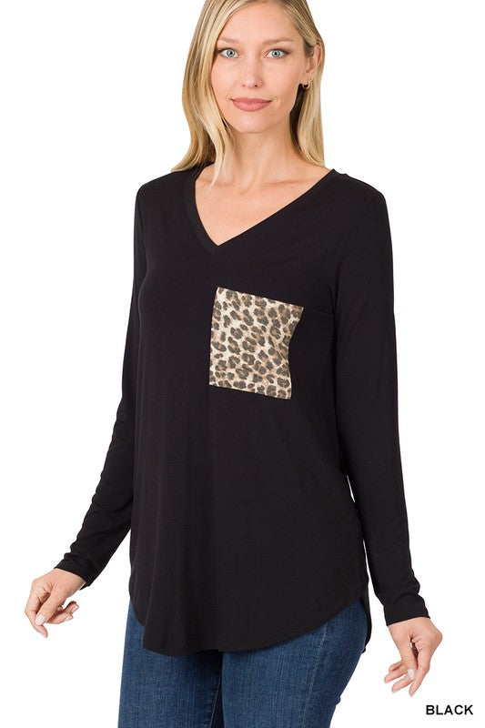 Vneck Leopard Pocket Long Sleeve Top