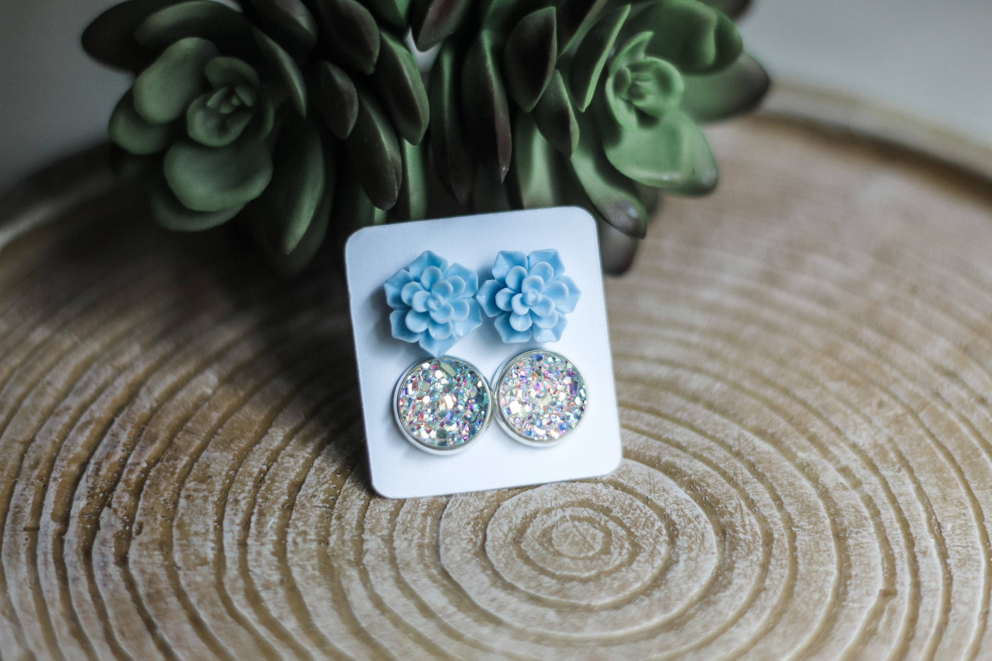 Blue Succulent & Druzy Stud Earring Set