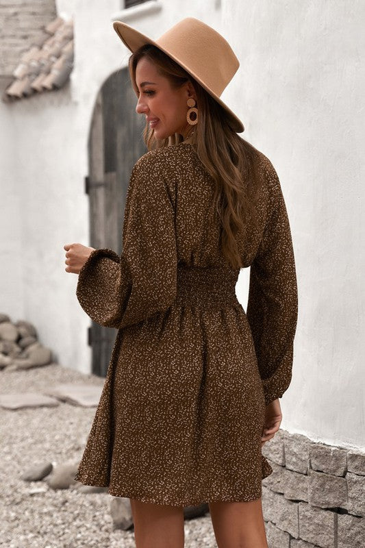 Brown Balloon Sleeve Smocked Waist Dress